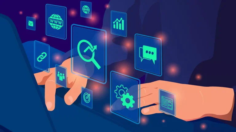 Gambar ilustrasi digital menampilkan tangan dengan ikon terkait SEO tools.