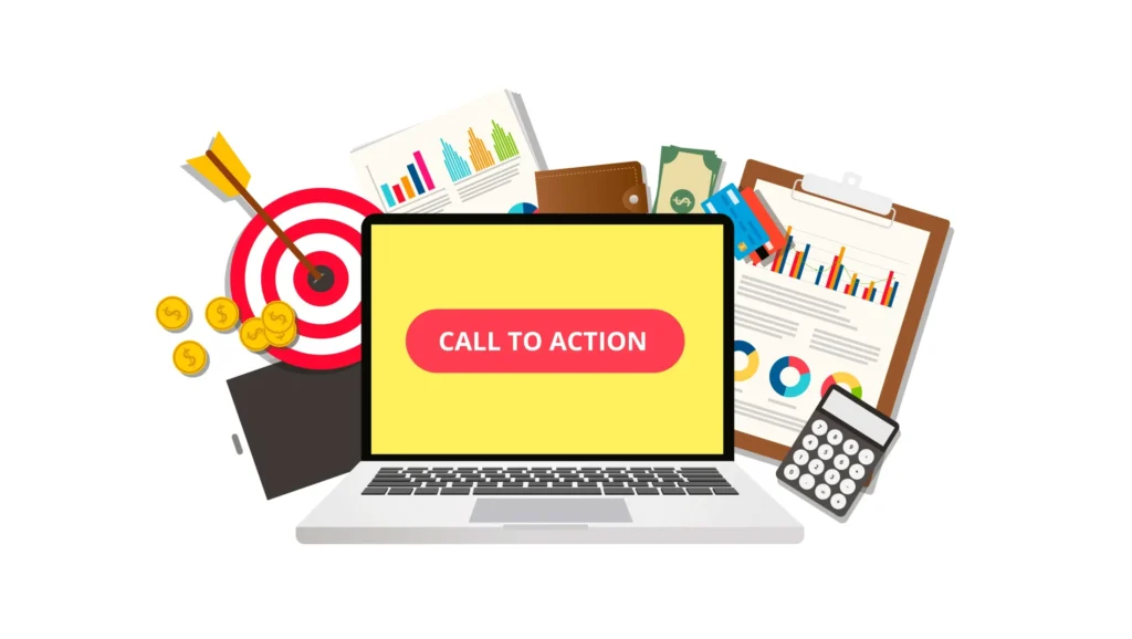 Laptop dengan tombol "Call to Action", target, grafik, strategi website sukses.