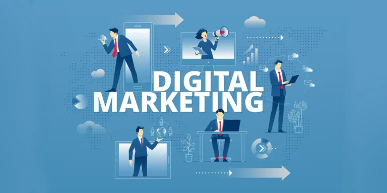 Ilustrasi digital marketing, affiliate marketing, teknologi, komunikasi, strategi bisnis modern.